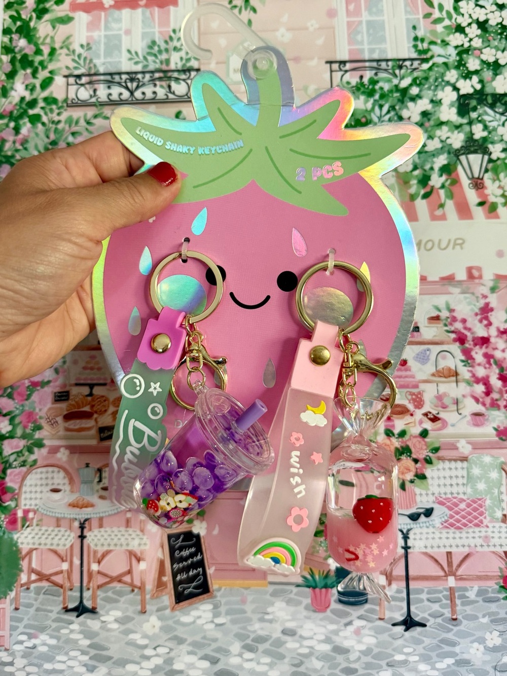 Cute Pink Strawberry Candy & Boba Shaker Bag Charm/Key Chain Set